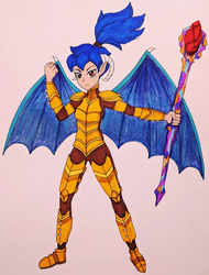 Size: 476x625 | Tagged: safe, artist:metalamethyst, princess ember, dragon, human, g4, alternate hairstyle, armor, bloodstone scepter, clenched fist, dragon lord ember, female, horn, horned humanization, humanized, ponytail, traditional art, winged humanization, wings