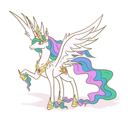 Size: 1024x911 | Tagged: safe, artist:moonrisethemage, princess celestia, alicorn, pony, g4, colored fetlocks, crown, ethereal fetlocks, ethereal mane, female, hoof shoes, horn, jewelry, long horn, mare, peytral, raised hoof, regalia, shoulder feathers, simple background, solo, spread wings, unshorn fetlocks, white background, wings