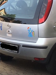 Size: 1536x2048 | Tagged: safe, rainbow dash, pony, g4, car, germany, opel, opel corsa, peace sign