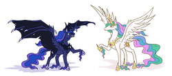 Size: 5400x2400 | Tagged: safe, artist:moonrisethemage, princess celestia, princess luna, alicorn, bat pony, bat pony alicorn, pony, g4, alternate design, bat ponified, colored fetlocks, comparison, crown, dragon wings, duo, ethereal fetlocks, ethereal mane, female, high res, hoof shoes, horn, jewelry, large wings, long horn, lunabat, mare, peytral, race swap, raised hoof, regalia, royal sisters, shoulder feathers, simple background, sisters, smiling, spread wings, tattered, tattered wings, unshorn fetlocks, white background, wing claws, wings