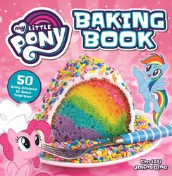 Size: 1400x1435 | Tagged: safe, pinkie pie, rainbow dash, pony, g4, my little pony baking book, official, book, cake, chef's hat, cookbook, food, fork, hat, merchandise, my little pony logo, rainbow, rainbow cake, sprinkles