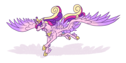 Size: 1024x512 | Tagged: safe, artist:moonrisethemage, princess cadance, alicorn, pony, g4, alternate design, colored wings, feathered fetlocks, female, galloping, hoof shoes, jewelry, large wings, mare, peytral, shoulder feathers, simple background, solo, spread wings, tail feathers, tiara, white background, wings