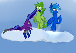 Size: 1024x709 | Tagged: safe, artist:flylash1, oc, oc only, oc:graupel, oc:gust, oc:prairie, pegasus, pony, biting, cloud, mist, pegasus oc, snow, snowflake, tail bite, trio