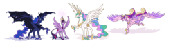 Size: 9600x2400 | Tagged: safe, artist:moonrisethemage, princess cadance, princess celestia, princess luna, twilight sparkle, alicorn, bat pony, bat pony alicorn, classical unicorn, pony, g4, absurd resolution, alicorn tetrarchy, alternate design, bat ponified, cloven hooves, colored fetlocks, comparison, crown, dragon wings, ethereal fetlocks, ethereal mane, feathered fetlocks, female, galloping, group, hoof shoes, horn, jewelry, large wings, leonine tail, long horn, lunabat, mare, peytral, quartet, race swap, raised hoof, regalia, royal sisters, shoulder feathers, simple background, sisters, smiling, spread wings, tattered, tattered wings, twilight sparkle (alicorn), unshorn fetlocks, white background, wing claws, wings