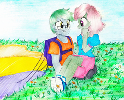 Size: 1124x908 | Tagged: safe, artist:liaaqila, oc, oc only, oc:software patch, oc:windcatcher, equestria girls, g4, clothes, commission, couple, dress, equestria girls-ified, flower, glasses, outdoors, parachute, shoes, sitting on person, sneakers, traditional art, windpatch