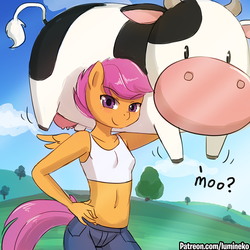 Size: 750x750 | Tagged: safe, artist:lumineko, scootaloo, cow, anthro, apple bloomers, g4, apple buruma project, belly button, breasts, busty scootaloo, clothes, harvest moon, looking at you, midriff, moo, older, older scootaloo, smiling, sports bra, super strength, udder