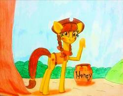 Size: 1073x835 | Tagged: safe, artist:dialysis2day, oc, oc only, oc:hilary, earth pony, pony, female, food, hat, honey, mare, solo, traditional art