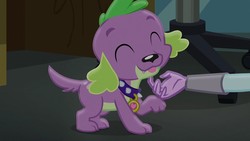 Size: 1280x720 | Tagged: safe, screencap, sci-twi, spike, spike the regular dog, twilight sparkle, dog, equestria girls, friendship games, g4, cute, eyes closed, female, male, offscreen character, paws, spikabetes, spike's dog collar, tail