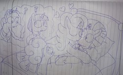 Size: 4522x2747 | Tagged: safe, artist:徐詩珮, glitter drops, princess luna, stygian, tempest shadow, pony, unicorn, g4, my little pony: the movie, armor, bed, blushing, broken horn, female, horn, kissing, lesbian, lineart, mare, ship:glittershadow, shipping, traditional art