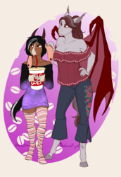 Size: 2120x3088 | Tagged: safe, artist:blackblood-queen, oc, oc only, oc:caffeinated comatose, oc:scarlet quill, bat pony, goat pony, anthro, unguligrade anthro, anthro oc, bare shoulders, bat pony oc, blouse, clothes, coffee, commission, drink, ear piercing, ear pull, fangs, female, high res, hooves, long ears, motherly, off shoulder, piercing, scolding, shirt, stockings, sweater dress, thigh highs, zettai ryouiki