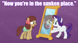 Size: 622x346 | Tagged: safe, edit, edited screencap, screencap, rarity, yona, pony, g4, she's all yak, caption, get out, image macro, mirror, ponified, pony yona, species swap, sunken place, text