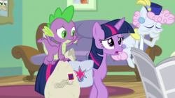 Size: 1920x1080 | Tagged: safe, screencap, chelsea porcelain, spike, twilight sparkle, alicorn, dragon, pony, g4, the point of no return, bag, couch, saddle bag, twilight sparkle (alicorn), winged spike, wings