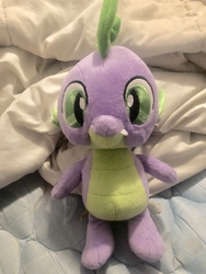 Size: 3024x4032 | Tagged: safe, artist:undeadponysoldier, photographer:undeadponysoldier, spike, dragon, g4, adorable face, bed, blanket, build-a-bear, cute, fangs, irl, looking at you, male, photo, plushie, solo