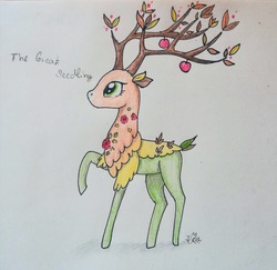 Size: 930x903 | Tagged: safe, artist:glitteringdew, the great seedling, deer, dryad, elk, pony, going to seed, apple, branches for antlers, female, flower, leaf, raised hoof, rose, solo, traditional art