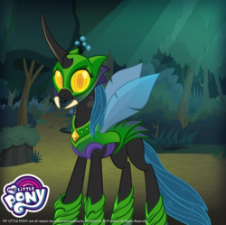Size: 1440x1435 | Tagged: safe, artist:andy price, gameloft, idw, queen chrysalis, changeling, changeling queen, fiendship is magic #5, g4, my little pony: fiendship is magic, official, spoiler:comic, armor, changeling armor, comic, female, holeless, idw showified, looking at you, my little pony game, my little pony logo, solo, troy