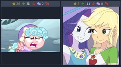 Size: 486x271 | Tagged: safe, artist:haibaratomoe, edit, screencap, applejack, cozy glow, rarity, pegasus, pony, derpibooru, equestria girls, equestria girls series, frenemies (episode), g4, clothes, cozy glow is best facemaker, cozy glow is not amused, cute, female, filly, foal, geode of shielding, geode of super strength, gray background, hat, haters gonna hate, jackabetes, juxtaposition, juxtaposition win, lesbian, magical geodes, meme, meta, raribetes, rarity peplum dress, ship:rarijack, shipping, simple background