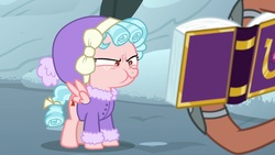 Size: 1920x1080 | Tagged: safe, screencap, cozy glow, rusty bucket, pegasus, pony, frenemies (episode), g4, book, clothes, cozy glow is best facemaker, cozy glow is not amused, cozybetes, cute, female, filly, foal, friendship journal, hat, nose wrinkle, offscreen character, pouting, puffy cheeks, scrunchy face, solo focus, vein, vein bulge, winter outfit