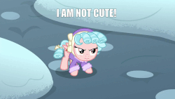 Size: 1280x720 | Tagged: safe, edit, edited screencap, screencap, cozy glow, pegasus, pony, frenemies (episode), g4, blatant lies, clothes, cozy glow is not amused, cozybetes, cute, dialogue, female, filly, foal, gif, i'm not cute, non-animated gif, out of character, snow, solo