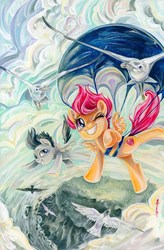 Size: 1179x1800 | Tagged: safe, artist:sararichard, idw, rumble, scootaloo, bird, pegasus, pony, g4, spoiler:comic, spoiler:comic81, colt, cover, female, filly, male, one eye closed, parachute, scootaloo can fly, skydiving