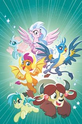 Size: 1186x1800 | Tagged: safe, artist:tonyfleecs, idw, gallus, ocellus, sandbar, silverstream, smolder, yona, changedling, changeling, classical hippogriff, dragon, earth pony, griffon, hippogriff, pony, yak, g4, spoiler:comic, spoiler:comicfeatsoffriendship01, >:d, claws, cover, cute, diaocelles, diastreamies, dragoness, everfree northwest, female, flying, gallabetes, happy, male, paws, sandabetes, signature, smiling, smirk, smolderbetes, student six, sunburst background, teenager, yonadorable