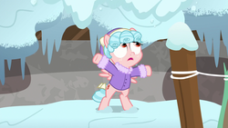Size: 1920x1080 | Tagged: safe, screencap, cozy glow, pegasus, pony, frenemies (episode), g4, bipedal, cozy glow is best facemaker, female, filly, foal, snow, solo, winter outfit