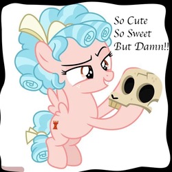 Size: 564x564 | Tagged: safe, artist:suramii, edit, cozy glow, pegasus, pony, g4, dialogue, female, filly, mare, skull, solo, text