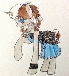 Size: 647x720 | Tagged: safe, artist:laceymod, oc, oc only, oc:lovelace, pony, unicorn, ask lovelace, clothes, dress, female, mare, solo, traditional art