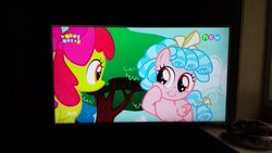 Size: 680x383 | Tagged: safe, screencap, apple bloom, cozy glow, pegasus, pony, g4, marks for effort, cozybetes, cute, female, filly, picture of a screen, television