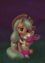 Size: 2093x2903 | Tagged: safe, artist:coldmix, apple bloom, applejack, earth pony, pony, g4, adorabloom, cute, duo, female, high res, hug, jackabetes, night, sibling love, siblings, sisterly love, sisters
