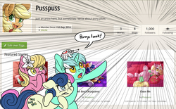Size: 1281x796 | Tagged: safe, artist:pusspuss, applejack, bon bon, lily, lily valley, lyra heartstrings, sweetie drops, oc, oc:scary, earth pony, pony, spider, g4, fanfic art, female, fimfiction, freckles, hat, milestone, pointing, speech