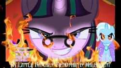 Size: 800x450 | Tagged: safe, editor:undeadponysoldier, spike, starlight glimmer, trixie, dragon, pony, unicorn, g4, badass, cape, clothes, evil, evil smile, fedora, female, fire, glasses, goth, grin, hat, looking at you, makeup, male, mare, sinister, smiling, trixie's cape