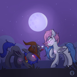 Size: 2100x2100 | Tagged: safe, artist:lycania29, oc, bat pony, cat, pony, bat pony oc, duo, duo female, female, full moon, high res, moon, night, ring