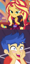 Size: 540x1156 | Tagged: safe, flash sentry, sunset shimmer, equestria girls, g4, how to backstage, spring breakdown, spoiler:eqg series (season 2), female, male, ship:flashimmer, shipping, shipping domino, smiling, starry eyes, straight, wingding eyes