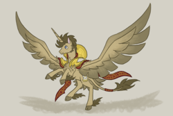 Size: 3600x2400 | Tagged: safe, artist:moonrisethemage, doctor whooves, time turner, alicorn, classical unicorn, pony, g4, alicornified, cheek feathers, chest feathers, cloven hooves, headcanon, high res, horn, large wings, leonine tail, long description, male, race swap, rearing, shoulder feathers, smiling, solo, spread wings, stallion, tan background, unshorn fetlocks, whoovesicorn, wings