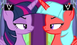 Size: 746x440 | Tagged: safe, edit, edited screencap, editor:undeadponysoldier, screencap, twilight sparkle, oc, oc:echristian, alicorn, pony, g4, no second prances, alicorn oc, angry, castle, comparison, female, lidded eyes, looking at each other, mare, recolor, siblings, tv rating, tv-y, twilight sparkle (alicorn), twins