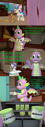 Size: 1920x5400 | Tagged: safe, artist:papadragon69, princess flurry heart, spike, alicorn, dragon, pony, comic:spike's cyosa, g4, 3d, baby, baby food, chair, choice, comic, crystal empire, cyoa, diaper, highchair, hungry, older, older spike, refrigerator, rumbling, source filmmaker, teenage spike, teenager, winged spike, wings