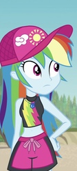 Size: 481x1070 | Tagged: safe, screencap, rainbow dash, equestria girls, equestria girls specials, g4, my little pony equestria girls: better together, my little pony equestria girls: forgotten friendship, belly button, clothes, cropped, female, geode of super speed, hand on hip, magical geodes, midriff, shorts, sleeveless, solo, swimming trunks, swimsuit, tank top