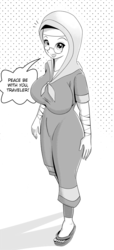 Size: 1275x2792 | Tagged: safe, artist:tehwatever, desert flower, human, g4, arm wraps, big breasts, breasts, busty desert flower, clip studio paint, digital art, glasses, grayscale, hijab, humanized, looking at you, monochrome, sandals, simple background, somnambula resident