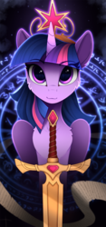 Size: 1200x2570 | Tagged: safe, artist:yakovlev-vad, twilight sparkle, alicorn, pony, art pack:equestrian royalty, big crown thingy, cheek fluff, chest fluff, ear fluff, eye clipping through hair, eyebrows, eyebrows visible through hair, female, jewelry, looking at you, magic, magic circle, mare, regalia, scroll, solo, sword, twilight sparkle (alicorn), warrior twilight sparkle, weapon