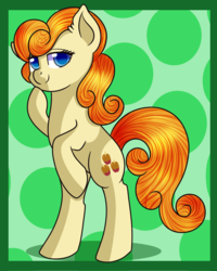 Size: 2400x3000 | Tagged: safe, artist:rainbowtashie, caramel apple, earth pony, pony, g4, background pony, bipedal, female, high res, mare, simple background, solo, wrong eye color