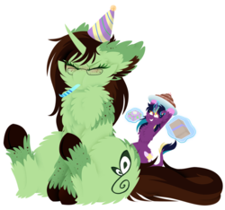 Size: 1024x957 | Tagged: safe, artist:vanillaswirl6, oc, oc only, oc:flittermint, oc:midnight fairytale, pony, birthday gift, cake, chest fluff, colored hooves, curved horn, duo, eyes closed, floppy ears, fluffy, food, freckles, glasses, hat, horn, leonine tail, magic, party hat, party horn, present, puffy cheeks, unshorn fetlocks