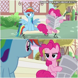 Size: 1000x1000 | Tagged: safe, edit, edited screencap, screencap, pinkie pie, rainbow dash, earth pony, pegasus, pony, daring done?, g4, caption, clothes, dressing, duo, hoof hold, image macro, newspaper, song reference, text