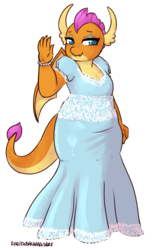 Size: 1919x2941 | Tagged: safe, artist:rainbowsprinklesart, smolder, dragon, anthro, g4, bracelet, chubby, clothes, dragoness, dress, eyeshadow, fat, female, implied weight gain, jewelry, makeup, overweight, plump, princess smolder, puffy sleeves, sblobder, simple background, solo, white background