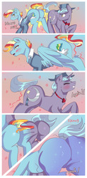 Size: 1480x3000 | Tagged: safe, artist:xjenn9fusion, oc, oc:aerial agriculture, oc:creamy clouds, oc:evening emeralds, pegasus, pony, unicorn, comic:fusing the fusions, comic:time of the fusions, blushing, butt, butt expansion, clothes, comic, commissioner:bigonionbean, dialogue, dummy thicc, embarrassed, fat ass, female, flustered, fusion, fusion:bow hothoof, fusion:gentle breeze, fusion:igneous rock pie, fusion:night light, glasses, growth, magic, male, merge, moaning, moaning in pleasure, original character do not steal, plot, potion, shirt, spread wings, stallion, swelling, the ass was fat, uniform, wings, writer:bigonionbean
