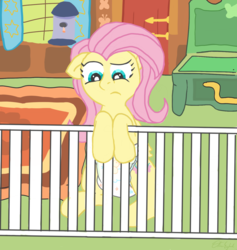 Size: 1415x1494 | Tagged: safe, artist:oliver-england, fluttershy, pegasus, pony, g4, adult foal, barrier, diaper, diaper fetish, diapershy, female, fetish, fluttershy's cottage, mare, non-baby in diaper, solo, story in the source