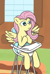 Size: 1349x2000 | Tagged: safe, artist:oliver-england, fluttershy, pony, g4, adult foal, chair, diaper, diaper fetish, female, fetish, fluttershy's cottage, highchair, levitation, magic, mare, non-baby in diaper, solo, spoon, spread wings, story in the source, telekinesis, wings