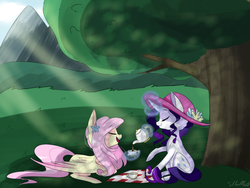 Size: 1200x900 | Tagged: safe, artist:silbersternenlicht, fluttershy, rarity, pegasus, pony, unicorn, g4, crepuscular rays, dappled sunlight, duo, eyes closed, female, flower, flower in hair, food, hat, mare, open mouth, picnic, smiling, tea, tree
