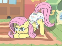 Size: 1493x1110 | Tagged: dead source, safe, artist:oliver-england, fluttershy, pegasus, pony, g4, adult foal, blushing, diaper, diaper fetish, face down ass up, female, fetish, fluttershy's cottage, magic, mare, non-baby in diaper, story in the source, telekinesis