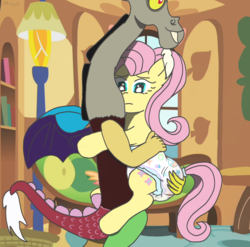 Size: 1366x1348 | Tagged: safe, artist:oliver-england, discord, fluttershy, draconequus, pony, g4, adult foal, book, bookshelf, diaper, diaper fetish, female, fetish, fluttershy's cottage, holding a pony, male, mare, non-baby in diaper, spread wings, story in the source, wings
