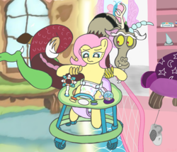 Size: 1589x1360 | Tagged: safe, artist:oliver-england, discord, fluttershy, draconequus, pegasus, pony, g4, adult foal, baby walker, diaper, diaper fetish, female, fetish, floating, fluttershy's cottage, male, mare, non-baby in diaper, painting, radio, story in the source